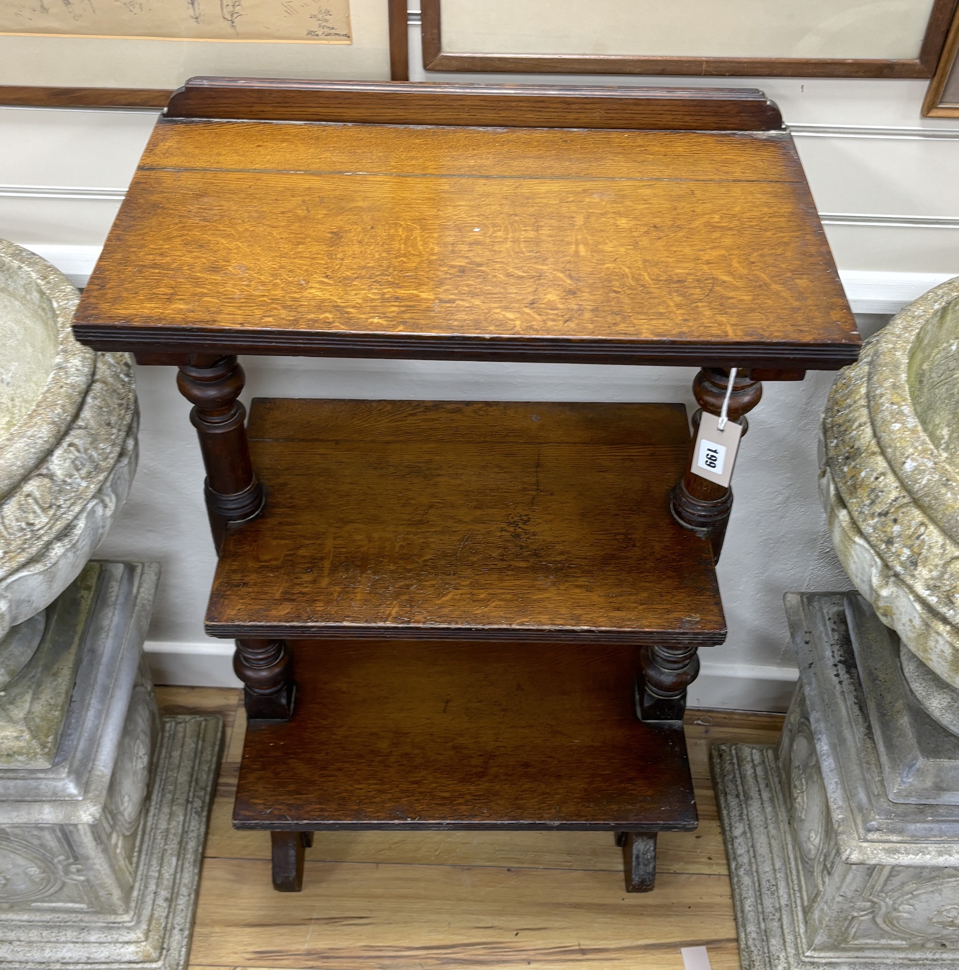 A Victorian oak rectangular three tier lectern, width 61cm, depth 34cm, height 110cm